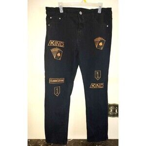 Men's D'ANDIJIESHEN Black Jeans Gold Poker Cards Embroidery Size 36
